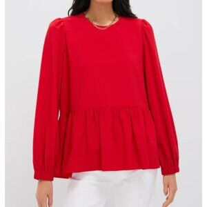 Pomander Place Carlota Peplum Blouse Size L Red Long Sleeve Ruched Flowy Keyhole
